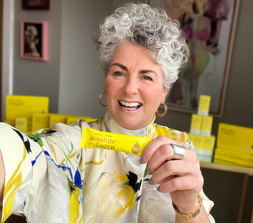 Maxine Laceby holding a women’s liquid collagen sachet
